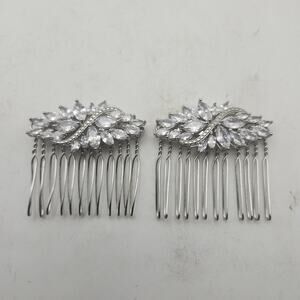 Silver Tone Rhinestone Bridal Hair Comb Pair Floral Leaf Wedding Prom Accessory